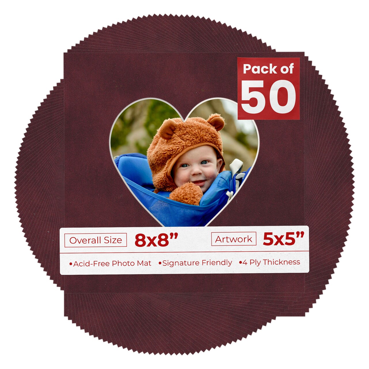 Dark Red Suede Mat Board for 8x8 Frames - Heart Opening for 5x5 Photos